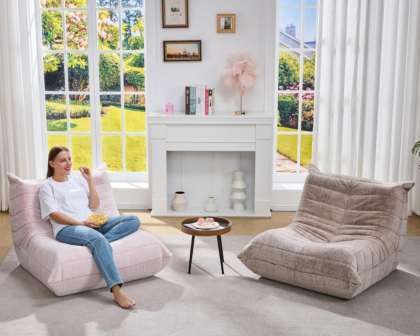 Bean Bag Chairs for Adults Giant Bean Bag Chair Memory Foam Beanbag Chair Bean Bag Sofa with Filler Faux Fur Fireside Beanbags Lazy Sofa for Living Room Bedroom Office (Pink Plush, Single)