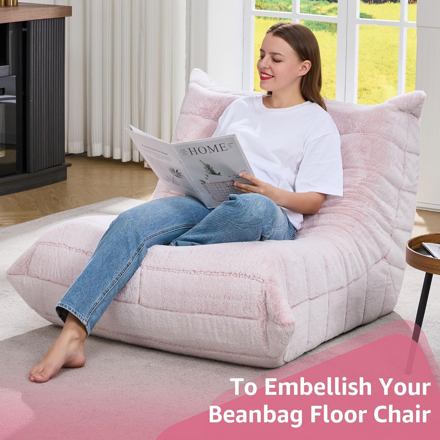 Bean Bag Chairs for Adults Giant Bean Bag Chair Memory Foam Beanbag Chair Bean Bag Sofa with Filler Faux Fur Fireside Beanbags Lazy Sofa for Living Room Bedroom Office (Pink Plush, Single)