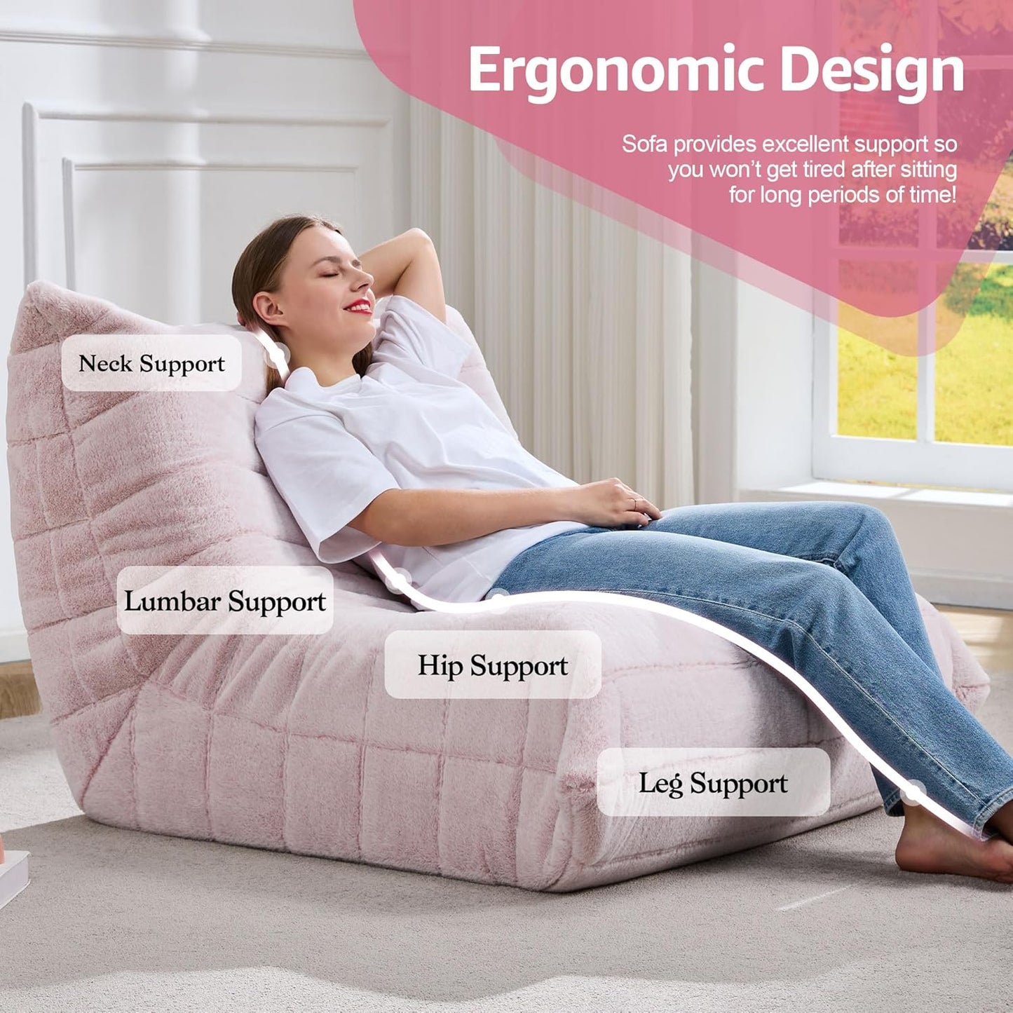 Bean Bag Chairs for Adults Giant Bean Bag Chair Memory Foam Beanbag Chair Bean Bag Sofa with Filler Faux Fur Fireside Beanbags Lazy Sofa for Living Room Bedroom Office (Pink Plush, Single)