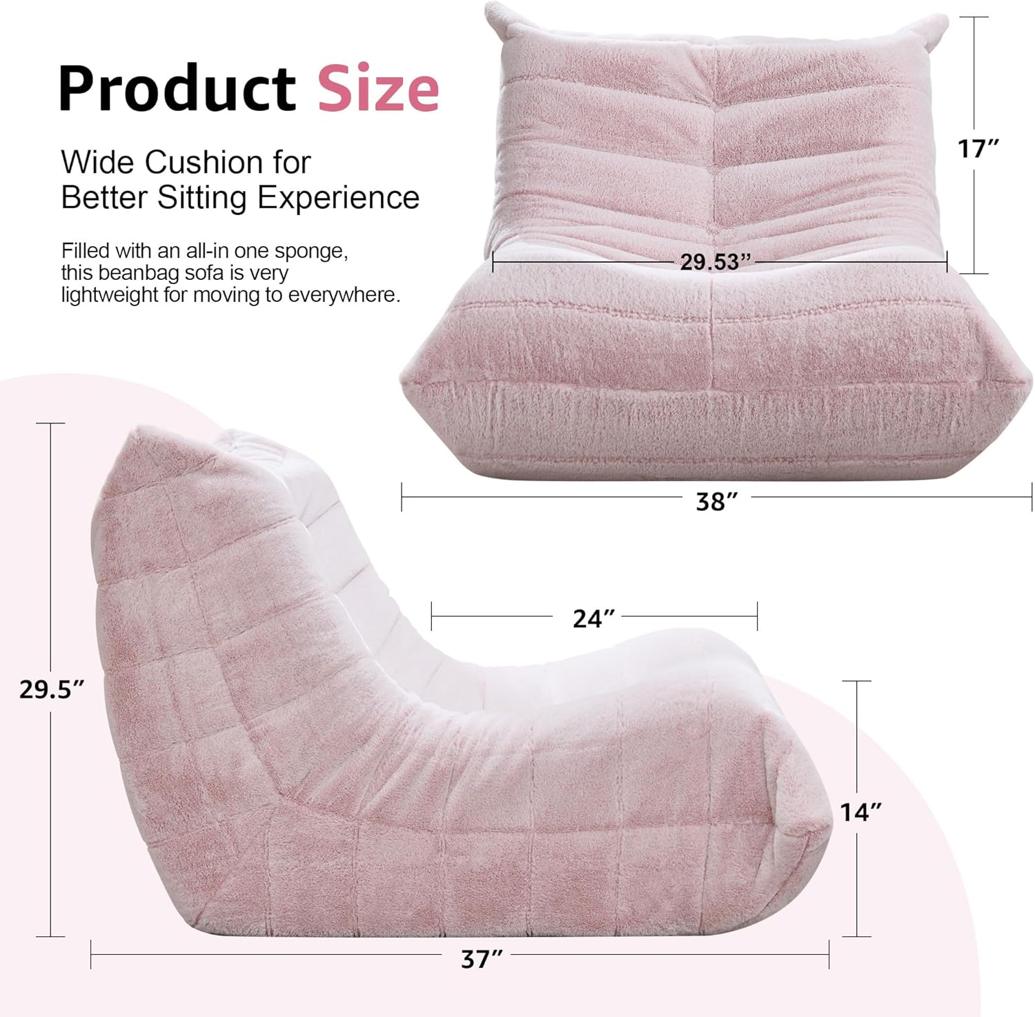 Bean Bag Chairs for Adults Giant Bean Bag Chair Memory Foam Beanbag Chair Bean Bag Sofa with Filler Faux Fur Fireside Beanbags Lazy Sofa for Living Room Bedroom Office (Pink Plush, Single)