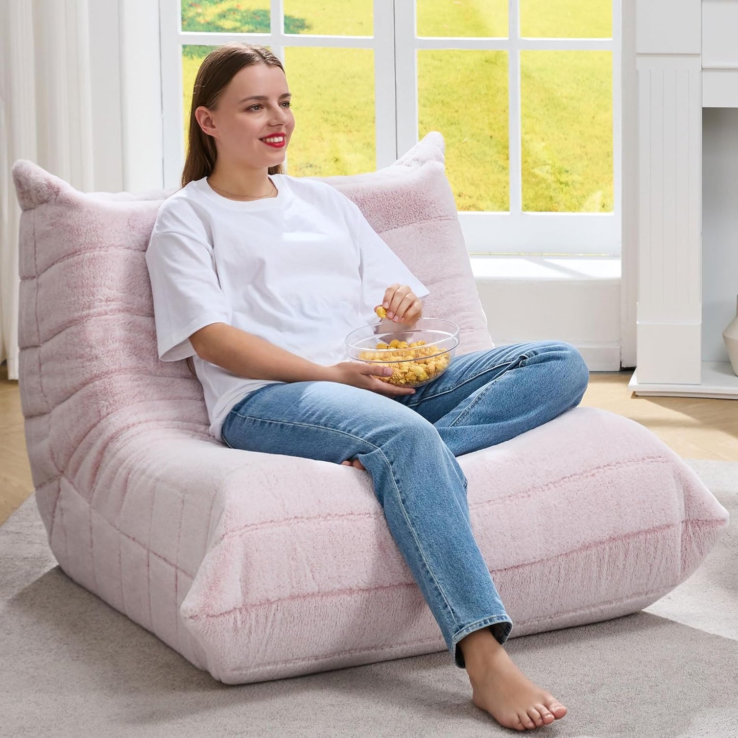 Bean Bag Chairs for Adults Giant Bean Bag Chair Memory Foam Beanbag Chair Bean Bag Sofa with Filler Faux Fur Fireside Beanbags Lazy Sofa for Living Room Bedroom Office (Pink Plush, Single)