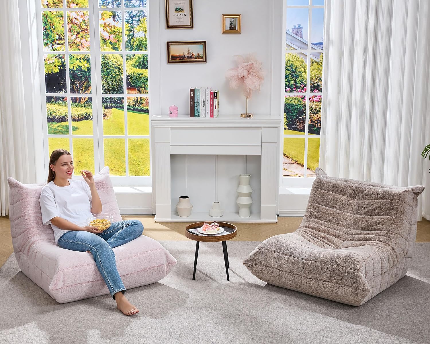 Bean Bag Chairs for Adults Giant Bean Bag Chair Memory Foam Beanbag Chair Bean Bag Sofa with Filler Faux Fur Fireside Beanbags Lazy Sofa for Living Room Bedroom Office (Pink Plush, Single)
